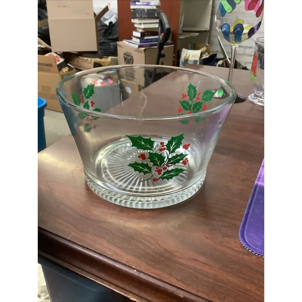Vintage Indiana Glass Ice Bucket Christmas Holly Berries Serving Bowl 7”